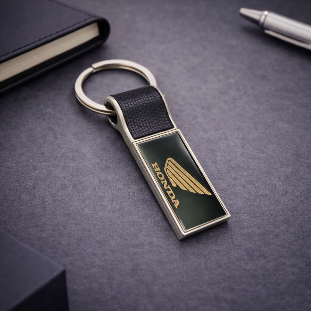 Flat Shape Metal Keychain with Strap – Premium Custom Logo Key Holder