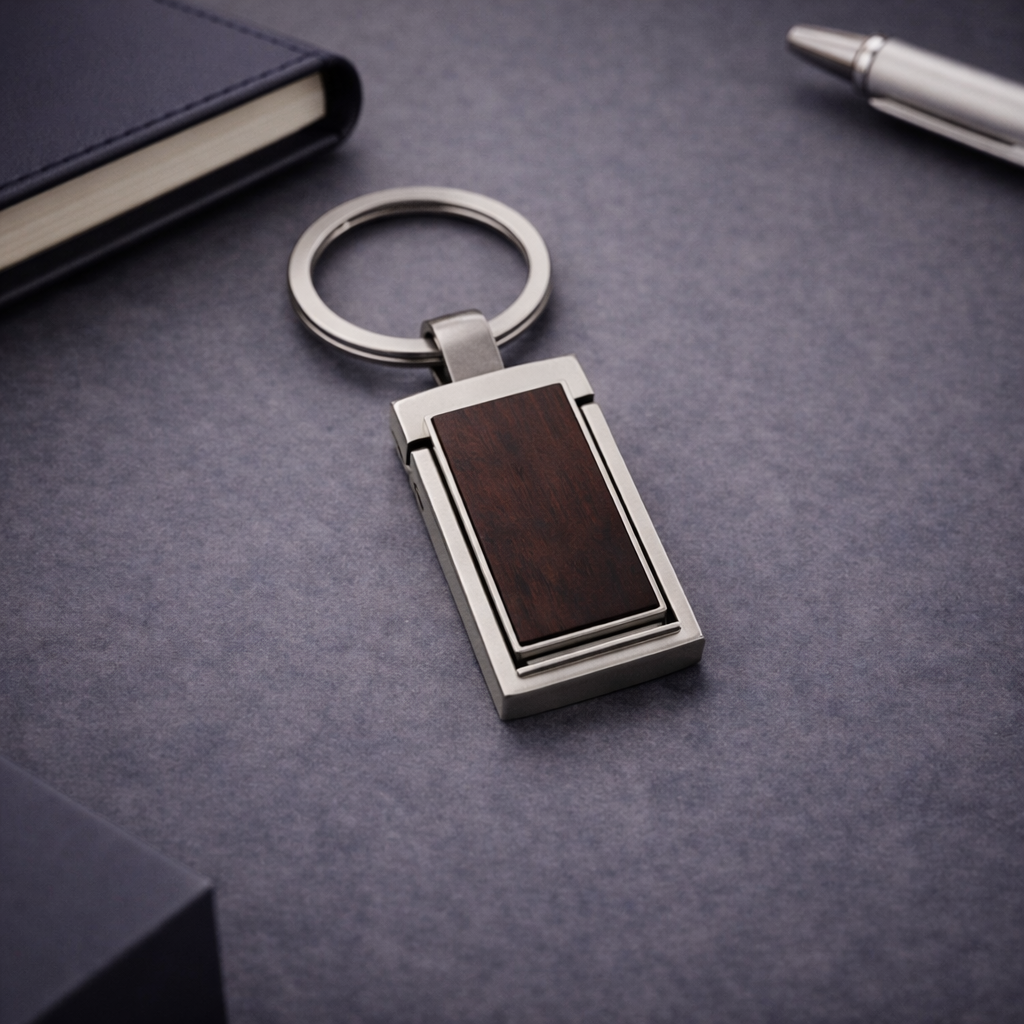 Rectangular Wooden & Metal Keychain – Premium Custom Logo Key Holder