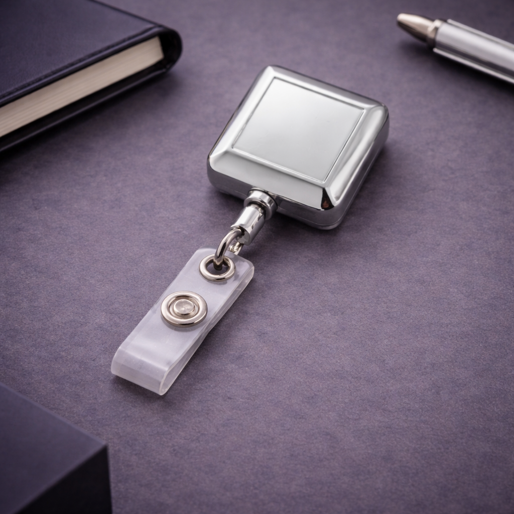 Square Chrome Retractable Badge Reel – Premium ID Card Holder