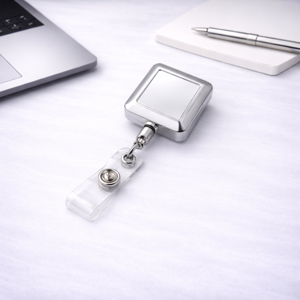 Square Chrome Retractable Badge Reel – Premium ID Card Holder