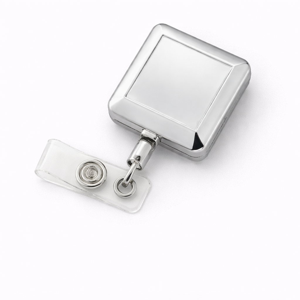 Square Chrome Retractable Badge Reel – Premium ID Card Holder