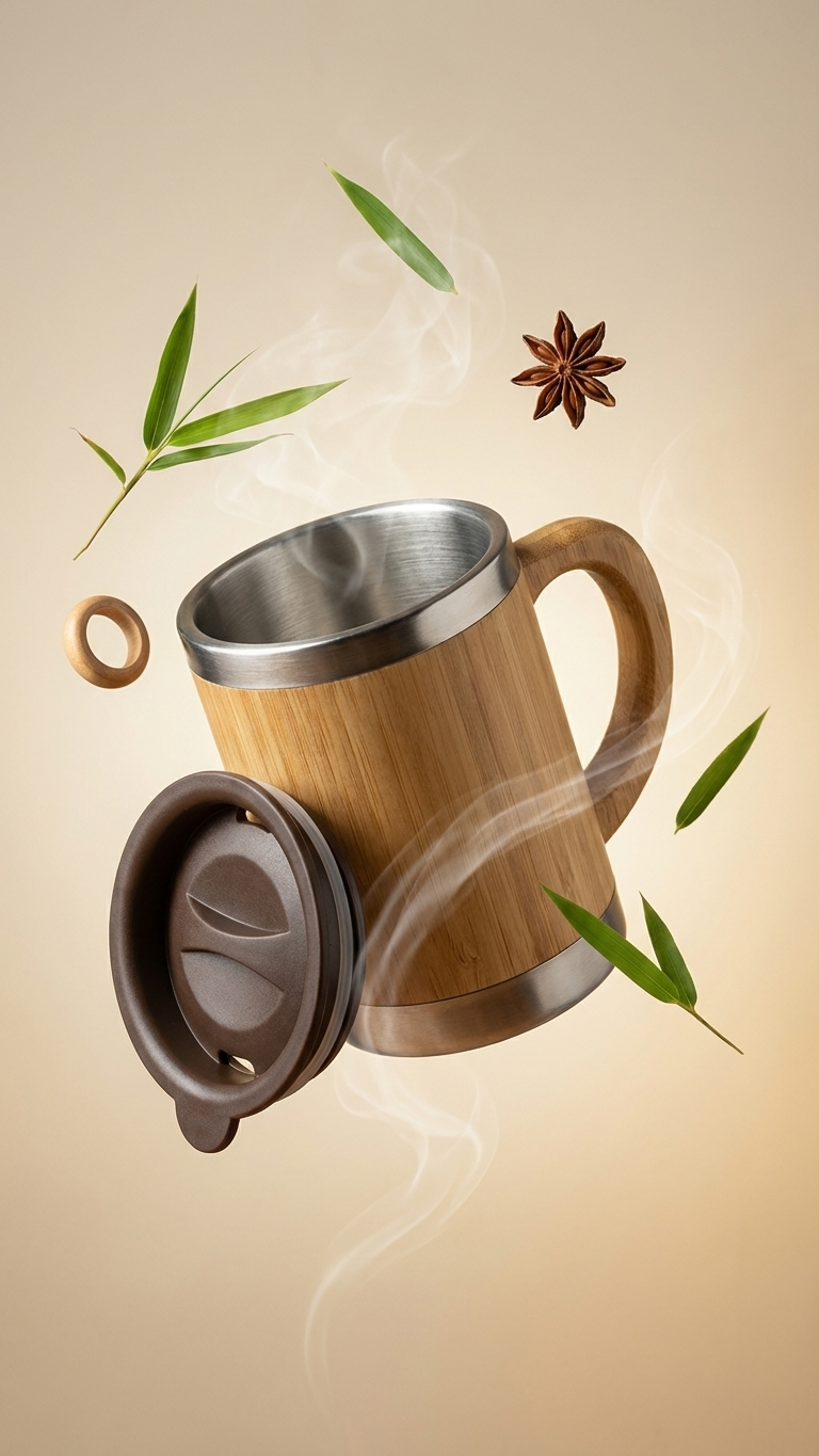 Stainless Steel Bamboo Coffee Mug with Lid – 300ml