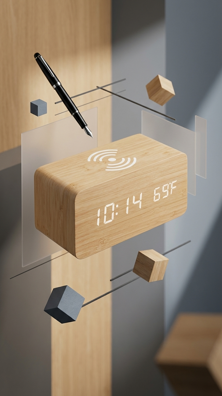 Wooden LED Digital Alarm Clock with Wireless Charging