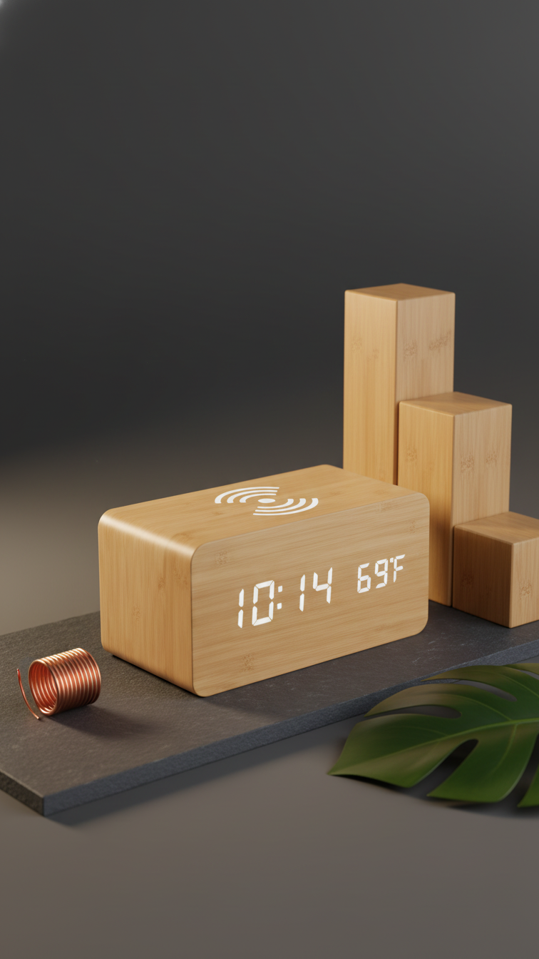 Wooden LED Digital Alarm Clock with Wireless Charging