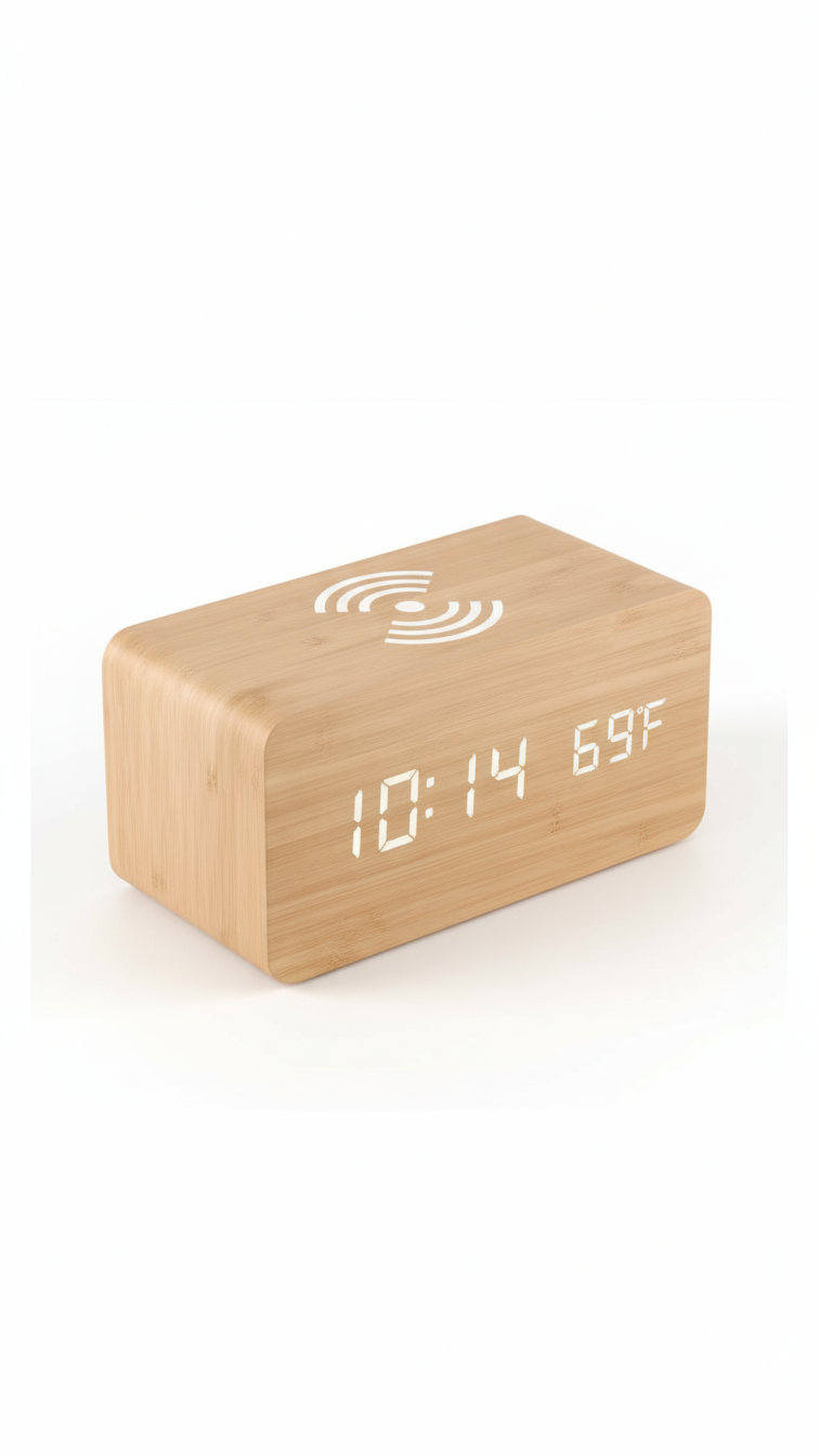 Wooden LED Digital Alarm Clock with Wireless Charging